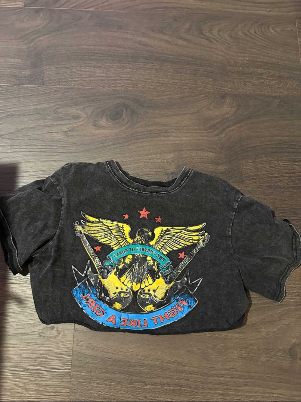 SHEIN Black Cropped Graphic Tee with Yellow & Blue Eagle